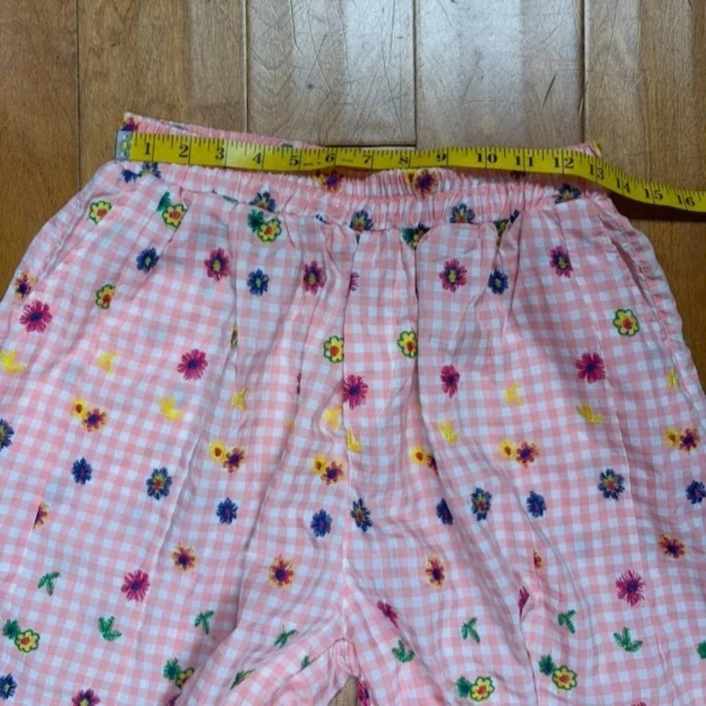Womens Pink Gingham Floral Embroidered Wide Leg Pajama Pants *M Cottagecore Boho